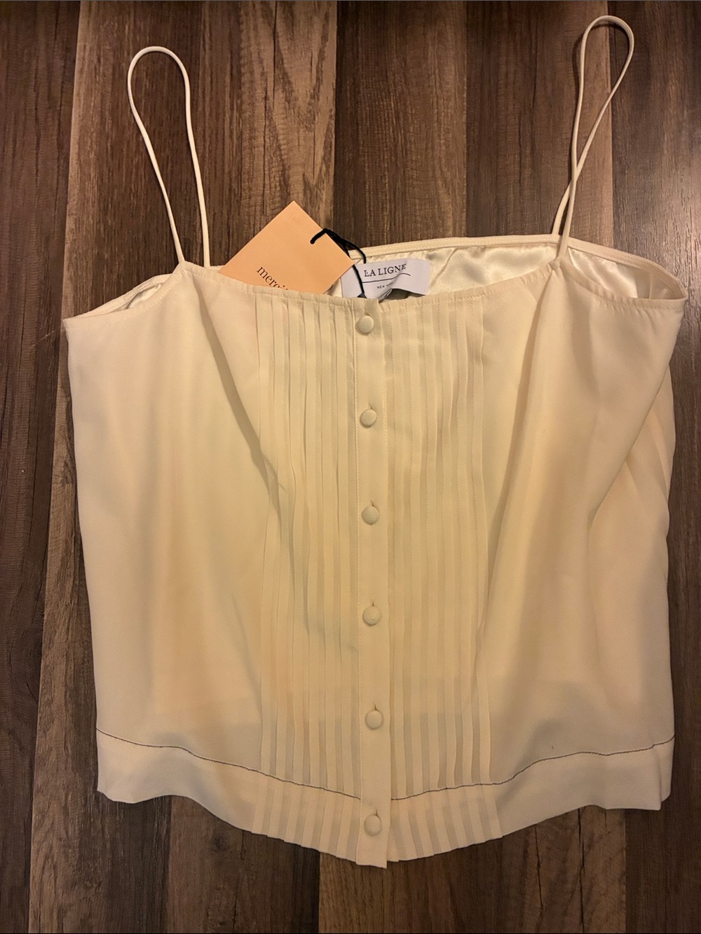 La Ligne Cream Pleated Silk Camisole with Covered Buttons- GORGEOUS- NWT